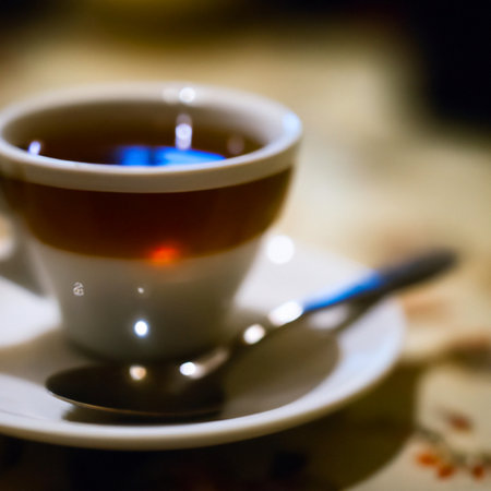 Cup of a hot tea in cafe. Anamorphic bokeh effect. Tilt-shift photo. Tasty aromatic tea in a lovely cup with a saucer. The tea is getting cold. Natural aroma. Label or advertisement. Evaporation.の写真素材