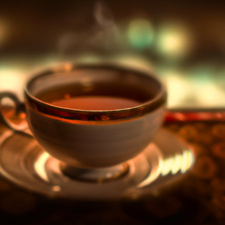 Cup of a hot tea in cafe. Anamorphic bokeh effect. Tilt-shift photo. Tasty aromatic tea in a lovely cup with a saucer. The tea is getting cold. Natural aroma. Label or advertisement. Evaporation.の写真素材