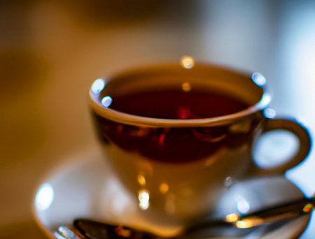 Cup of a hot tea in cafe. Anamorphic bokeh effect. Tilt-shift photo. Tasty aromatic tea in a lovely cup with a saucer. The tea is getting cold. Natural aroma. Label or advertisement. Evaporation.の写真素材