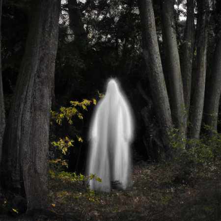 A ghostly vision in white robes roams between tree trunks. Ghost in the paranormal world. Horrible dream. Strange forest in a fog. Mystical atmosphere. Dark wood. Background wallpaper. Gloomy times.の素材