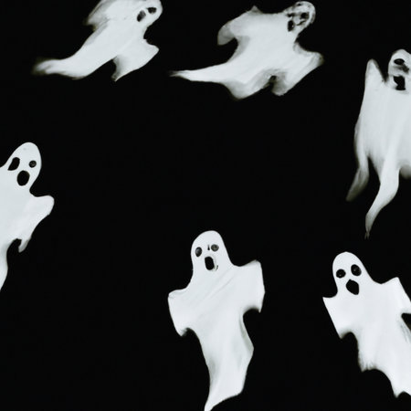 Ghostly visions in white robes scream and fly in the dark. Ghosts in the terrible dream. Mystical atmosphere. Halloween, All Hallows Eve, All Saints Eve. Hallucinations, delusions, mental illnessの素材