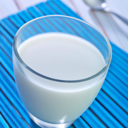 Milk in a glass cup top view. Blue napkin on a lavender wooden table. Template for advertising dairy natural products. Food, drink and kitchen utensils.の素材