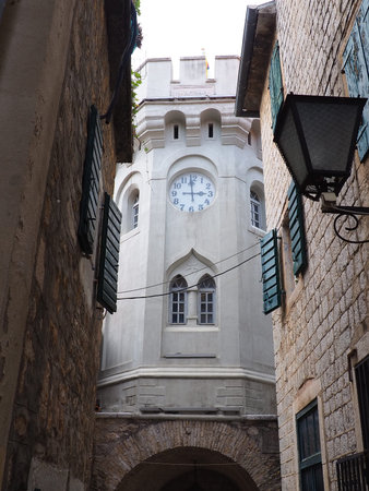Herceg Novi, Montenegro, 08.10.2022 Sahat Kula, a clock tower, passage between two squares. It is a...