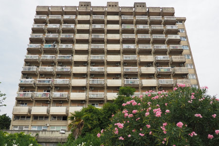 Herceg Novi, Montenegro, August 9, 2022. Architecture of Boka-Kotor Bay. Modern high-rise buildings in residential areas of Herceg Novi. Seismological safety. Large-panel housing construction.のeditorial素材