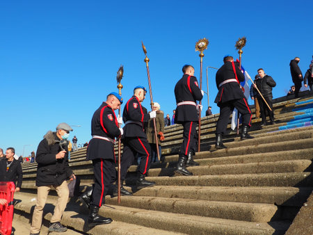 Sremska Mitrovica, Serbia, January 19, 2022. Christian holiday Epiphany. Mass bathing of people in...