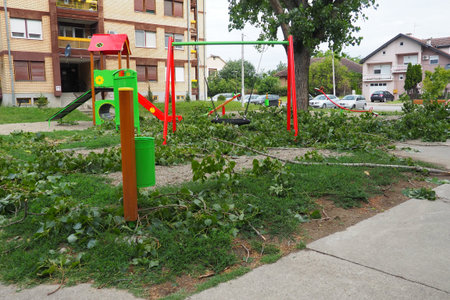 Aftermath of the hurricane July 19, 2023 Sremska Mitrovica, Serbia. Broken trees, mess on the...