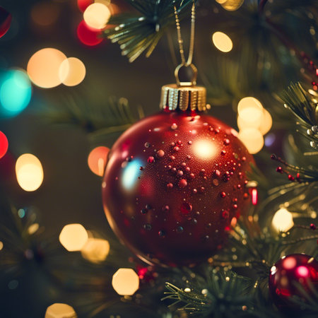 Beautiful red, gold, shiny and matte Christmas balls shine on a spruce branch. Happy New Year. Merry Christmas. Christmas background, baubles and branch of spruce tree. New Year and Christmas holidaysの素材