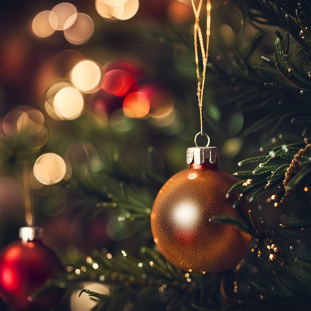 Beautiful red, gold, shiny and matte Christmas balls shine on a spruce branch. Happy New Year. Merry Christmas. Christmas background, baubles and branch of spruce tree. New Year and Christmas holidaysの素材