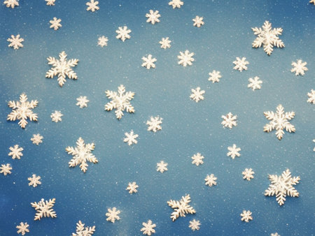 White snowflakes of different sizes on a blue background with a gradient and vignetting around the edges. New Year or Christmas background. Generated by artificial intelligence.の素材