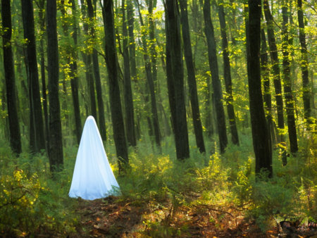 A ghostly vision in white robes roams between tree trunks. Ghost in the paranormal world. Horrible dream. Strange forest in a fog. Mystical atmosphere. Dark wood. Background wallpaper. Gloomy times.の素材