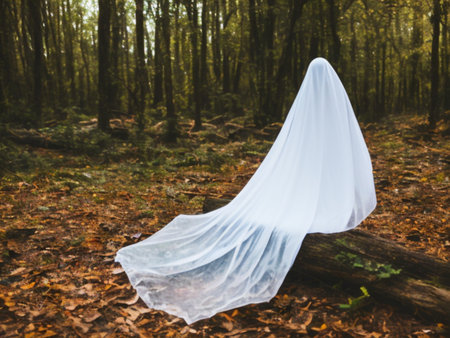 A ghostly vision in white robes roams between tree trunks. Ghost in the paranormal world. Horrible dream. Strange forest and bride. Mystical atmosphere. Dark wood. Background wallpaper. Gloomy times.の素材