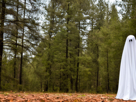 A ghostly vision in white robes roams between tree trunks. Ghost in the paranormal world. Horrible dream. Strange forest in a fog. Mystical atmosphere. Dark wood. Background wallpaper. Gloomy times.の素材