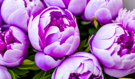 Beautiful lilac pink peony flowers close up. Peony is a genus of herbaceous perennials and deciduous shrubs, tree-like peonies. Peony family Paeoniaceae. Generated by AI. Charming bouquetの素材