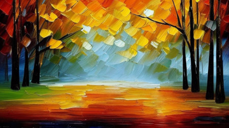 Autumn alley with trees. Yellow and orange leaves fall on the road. Indian summer. Path in the forest. Beautiful autumn landscape. An artistic picture drawn by artificial intelligence AI.の素材