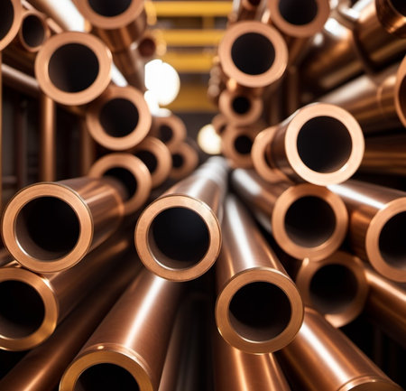 Copper bronze heat exchanger pipes. Heavy non-ferrous metallurgy. Factory industrial production of metal cuprum pipes. Heat exchanger is a technical device in which heat is exchanged between two mediaの素材