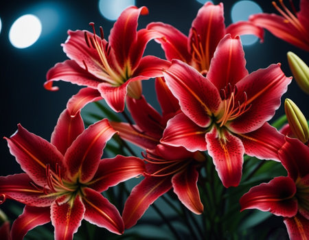 Lily Lilium is a genus of plants in the Liliaceae. Perennial herbs equipped with bulbs. Red graceful flower petals with veins. Pistils and stamens. Generated by AI. Summer garden. Beautiful bouquet.の素材