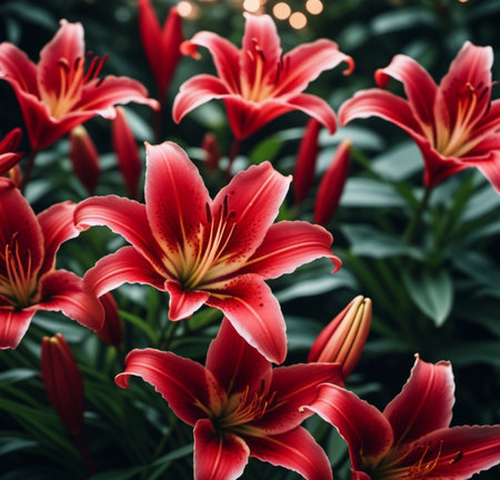 Lily Lilium is a genus of plants in the Liliaceae. Perennial herbs equipped with bulbs. Red graceful flower petals with veins. Pistils and stamens. Generated by AI. Summer garden. Beautiful bouquet.の素材