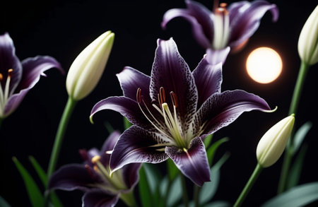 Lily Lilium is a genus of plants in the Liliaceae. Perennial herbs equipped with bulbs. Black graceful flower petals. Pistils and stamens. Generated by AI. Expressing condolences, grief and regretの素材