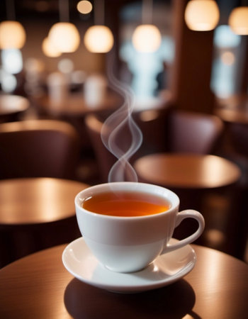 Cup of a hot tea in cafe. Anamorphic bokeh effect. Tilt-shift photo. Tasty aromatic tea in a lovely cup with a saucer. The tea is getting cold. Natural aroma. Label or advertisement. Evaporation.の素材
