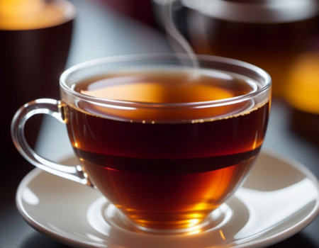 Cup of a hot tea in cafe. Anamorphic bokeh effect. Tilt-shift photo. Tasty aromatic tea in a lovely cup with a saucer. The tea is getting cold. Natural aroma. Label or advertisement. Evaporation.の素材