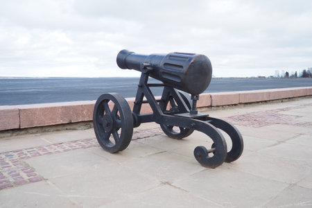 Petrozavodsk, Karelia, Russia, April 18, 2024: embankment of Lake Onega, decorative cast iron cannon...