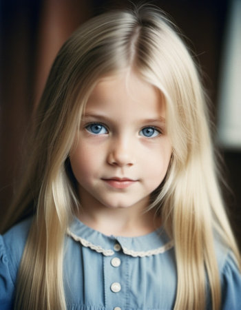 Portrait of a small beautiful pretty Caucasian girl with long blond flowing hair, blue eyes and chubby cheeks. Child outdoors. Direct, intelligent, calm, curious look. Childhood, retro vintage. AI.の素材