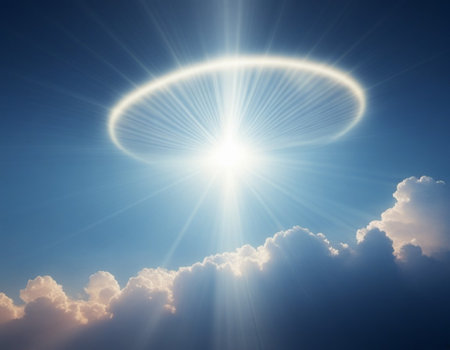 Unidentified flying object UFO, unidentified anomalous phenomenon UAP, is perceived airborne, submerged or transmedium atmospheric phenomena that cannot be identified or explained. Glowing rays. AI.の素材