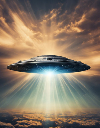 Unidentified flying object UFO, unidentified anomalous phenomenon UAP, is perceived airborne, submerged or transmedium atmospheric phenomena that cannot be identified or explained. Glowing rays. AI.の素材