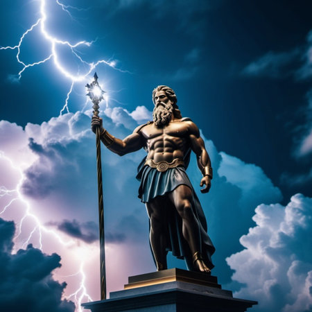 Zeus - in ancient Greek mythology, the god of the sky, thunder, lightning, who is in charge of the whole world. The main and strongest of Olympian gods, the third son of Kronos and Rhea. Generated AI.の素材