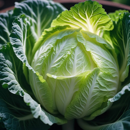A detailed close-up of a fresh white green cabbage shows the intricate patterns of its leaves, veined textures, and the subtle shades of green that darken towards the outer layers. Natural beautyの素材
