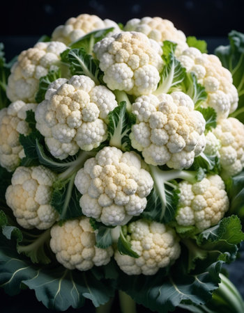 Cauliflower is common vegetable crop, cultivated varieties of cabbage species. Cauliflower is valued for its high taste and dietary qualities, is eaten with boiled heads -inflorescences. Generated AI.の素材