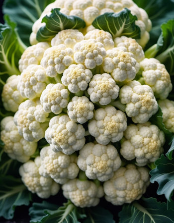 Cauliflower is common vegetable crop, cultivated varieties of cabbage species. Cauliflower is valued for its high taste and dietary qualities, is eaten with boiled heads -inflorescences. Generated AI.の素材