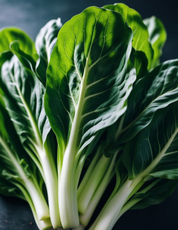 Bok choy, pak choy or Chinese cabbage, is a cultivar group of leafy vegetables that botanically belong to species Turnip, but in everyday life they are more often called collard greens. Generated AI.の素材