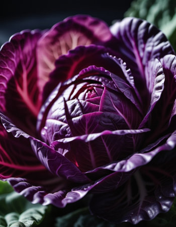 Red cabbage is a vegetable crop with red-violet leaf color and a common food product. Vegetable is used for fresh consumption in salads, for pickling, cultivated cabbage species. Generated AI.の素材