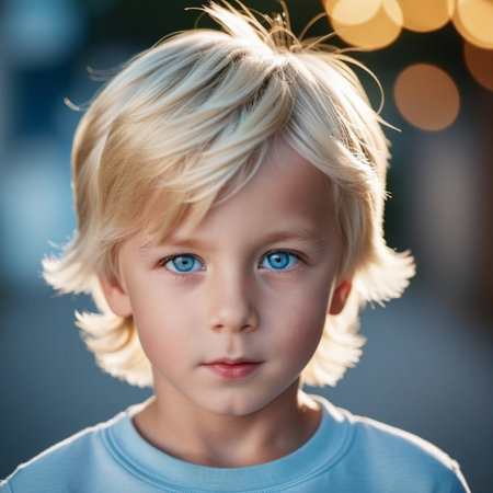 Cheerful young boy with blue eyes and blond straight tousled hair. Little cute beautiful child smiles. Direct friendly look. Positive emotion. Outdoor sunny day. Happy childhood. Generative AI.の素材