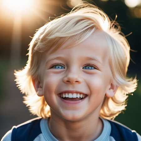 Cheerful young boy with blue eyes and blond straight tousled hair. Little cute beautiful child smiles. Direct friendly look. Positive emotion. Outdoor sunny day. Happy childhood. Generative AI.の素材