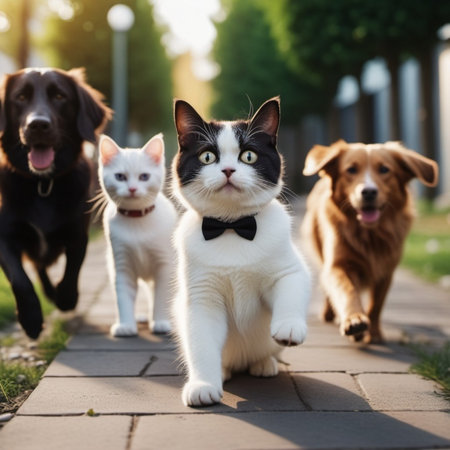 A black Labrador Retriever, a white cat with a black bow tie, a white cat, and a golden retriever are walking together on a brick path. Black, White, Golden Pets Walking on a Brick Path. Generative AI.の素材
