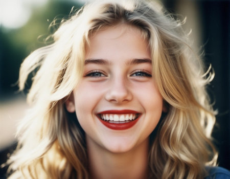 girl 18-22 years old with long blonde hair smiles brightly while outdoors. She wearing red lipstick and her hair is slightly windblown. Sunny weather. Portrait of happy joyful young Caucasian woman AI.の素材