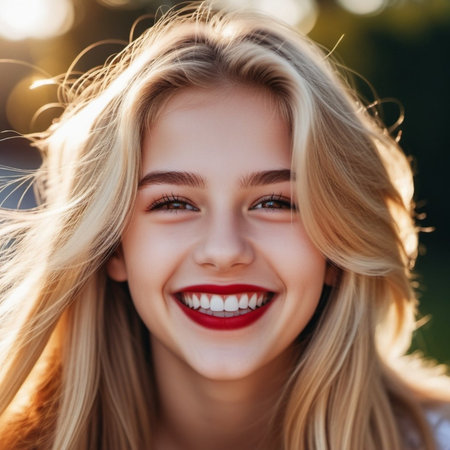 girl 18-22 years old with long blonde hair smiles brightly while outdoors. She wearing red lipstick and her hair is slightly windblown. Sunny weather. Portrait of happy joyful young Caucasian woman AI.の素材