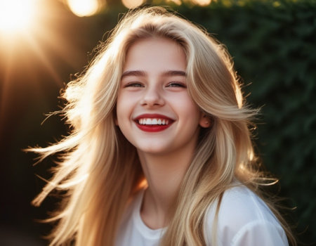 girl 18-22 years old with long blonde hair smiles brightly while outdoors. She wearing red lipstick and her hair is slightly windblown. Sunny weather. Portrait of happy joyful young Caucasian woman AI.の素材