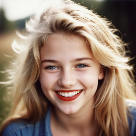 girl 18-22 years old with long blonde hair smiles brightly while outdoors. She wearing red lipstick and her hair is slightly windblown. Sunny weather. Portrait of happy joyful young Caucasian woman AI.の素材