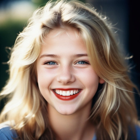 girl 18-22 years old with long blonde hair smiles brightly while outdoors. She wearing red lipstick and her hair is slightly windblown. Sunny weather. Portrait of happy joyful young Caucasian woman AI.の素材