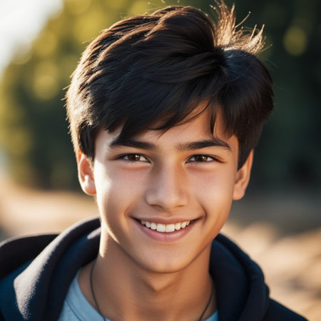 A close-up portrait of a teenage boy with dark tousled hair and brown eyes smiling at the camera. He is wearing a black jacket and a blue shirt. He is outdoors in a natural setting. Generated AI.の素材