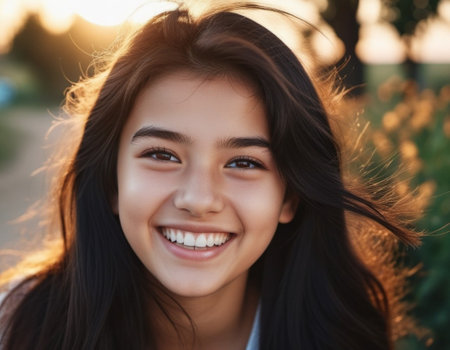 A portrait of young woman with long brown hair, smiling brightly. The sun shines on her face, highlighting her white teeth and happy expression. Brown eyes, dark skin, tousled dark hair. AI generated.の素材
