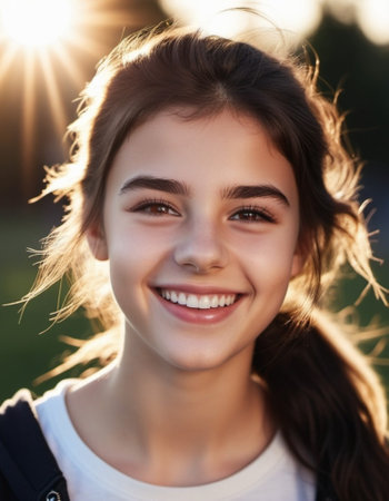 A portrait of young woman with long brown hair, smiling brightly. The sun shines on her face, highlighting her white teeth and happy expression. Brown eyes, dark skin, tousled dark hair. AI generated.の素材
