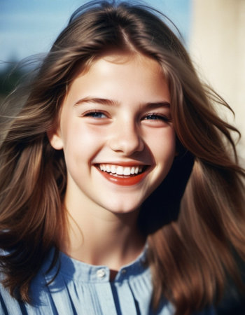 girl or young woman with long brown hair smiles outdoors. White teeth, blue eyes and red lipstick. Her hair is slightly windblown. Sunny weather. Portrait of happy joyful young Caucasian woman AI.の素材