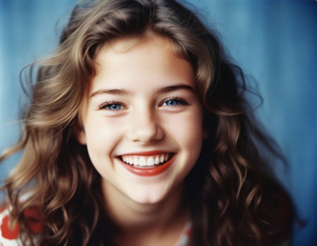girl or young woman with long brown hair smiles outdoors. White teeth, blue eyes and red lipstick. Her hair is slightly windblown. Sunny weather. Portrait of happy joyful young Caucasian woman AI.の素材