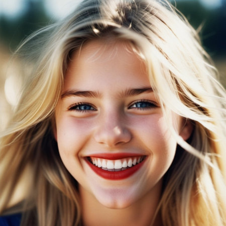 girl 18-22 years old with long blonde hair smiles brightly while outdoors. She wearing red lipstick and her hair is slightly windblown. Sunny weather. Portrait of happy joyful young Caucasian woman AI.の素材