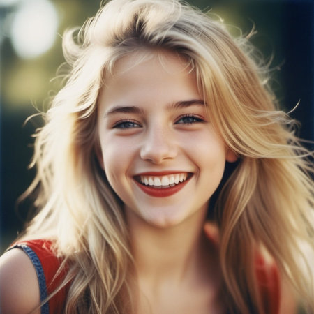girl 18-22 years old with long blonde hair smiles brightly while outdoors. She wearing red lipstick and her hair is slightly windblown. Sunny weather. Portrait of happy joyful young Caucasian woman AI.の素材