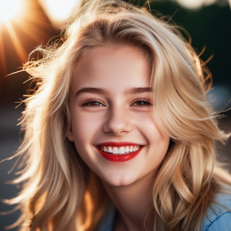 girl 18-22 years old with long blonde hair smiles brightly while outdoors. She wearing red lipstick and her hair is slightly windblown. Sunny weather. Portrait of happy joyful young Caucasian woman AI.の素材